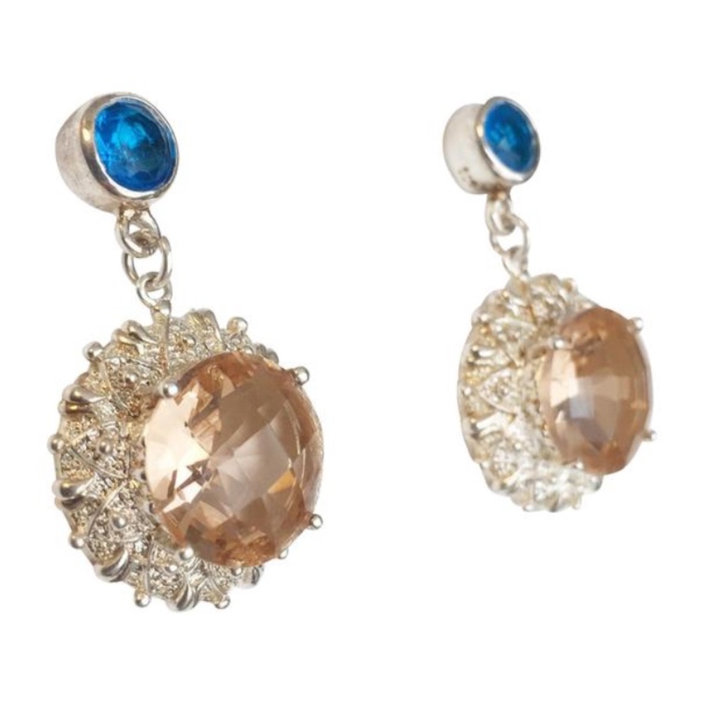 Sterling silver blue and peach stone dangle earrings